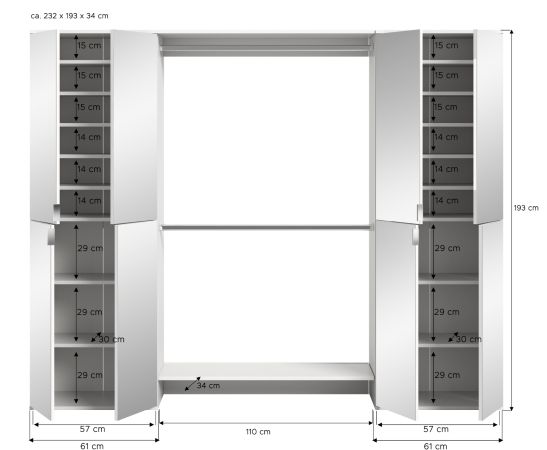 Garderobenschrank mit Spiegelt�r SystemX in wei� Schuhschrank 232 x 193 cm