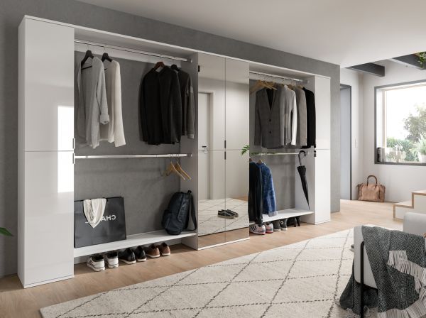 Garderobenschrank mit Spiegelt�r SystemX in wei� Hochglanz Schuhschrank 341 x 193 cm