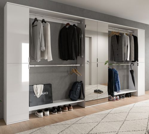 Garderobenschrank mit Spiegelt�r SystemX in wei� Hochglanz Schuhschrank 341 x 193 cm