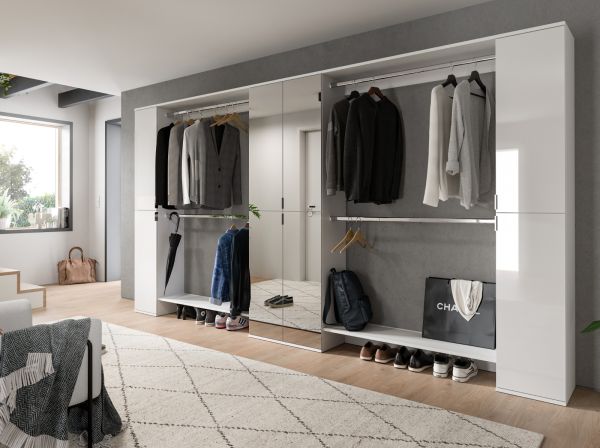 Garderobenschrank mit Spiegelt�r SystemX in wei� Hochglanz Schuhschrank 341 x 193 cm