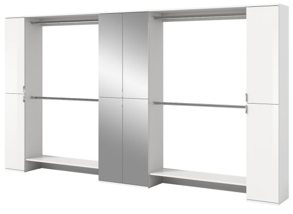 Garderobenschrank mit Spiegelt�r SystemX in wei� Hochglanz Schuhschrank 341 x 193 cm