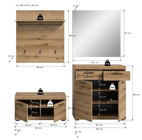 Garderobe Set 4-teilig Shawn in Evoke Eiche Garderobenkombination 195 x 197 cm