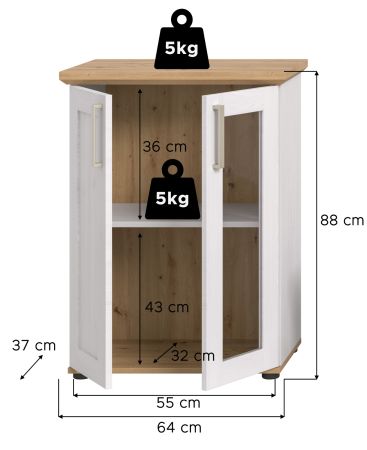 Vitrine Mirano in wei� L�rche und Eiche Artisan Landhaus Highboard 64 x 88 cm