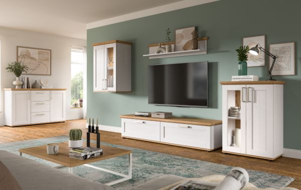 Vitrine Mirano in wei� L�rche und Eiche Artisan Landhaus Highboard 64 x 88 cm