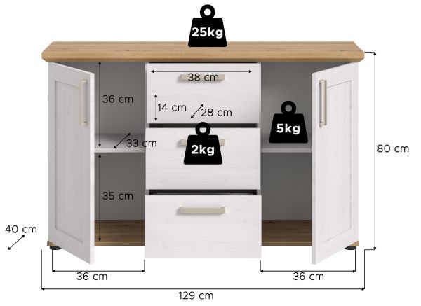 Sideboard Mirano in wei� L�rche und Eiche Artisan Landhaus Kommode 129 cm