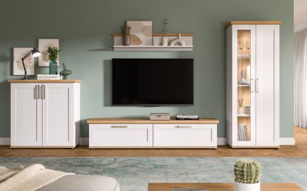 Wohnwand Mirano in wei� L�rche und Eiche Artisan Landhaus Wohnkombination 4-teilig 336 cm