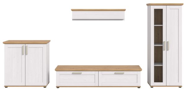Wohnwand Mirano in wei� L�rche und Eiche Artisan Landhaus Wohnkombination 4-teilig 336 cm