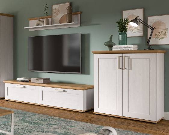Wohnwand Mirano in wei� L�rche und Eiche Artisan Landhaus Wohnkombination 3-teilig 260 cm