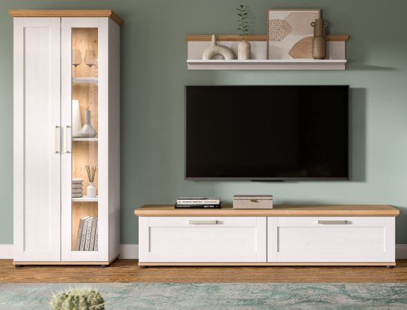 Wohnwand Mirano in wei� L�rche und Eiche Artisan Landhaus Wohnkombination 3-teilig 240 cm