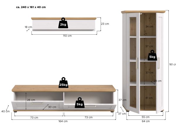 Wohnwand Mirano in wei� L�rche und Eiche Artisan Landhaus Wohnkombination 3-teilig 240 cm