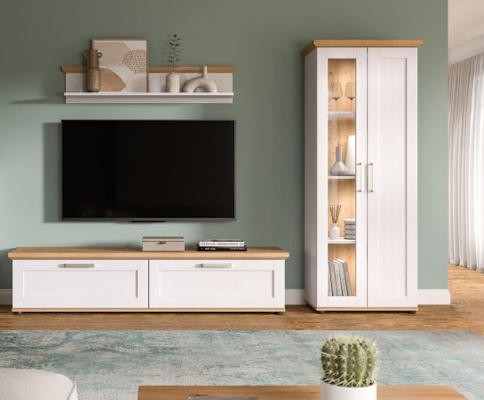 Wohnwand Mirano in wei� L�rche und Eiche Artisan Landhaus Wohnkombination 3-teilig 240 cm