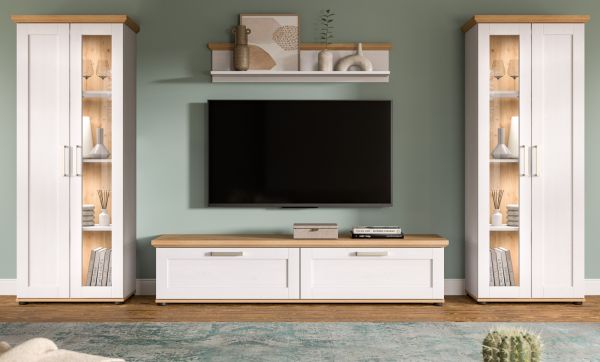 Wohnwand Mirano in wei� L�rche und Eiche Artisan Landhaus Wohnkombination 4-teilig 316 cm