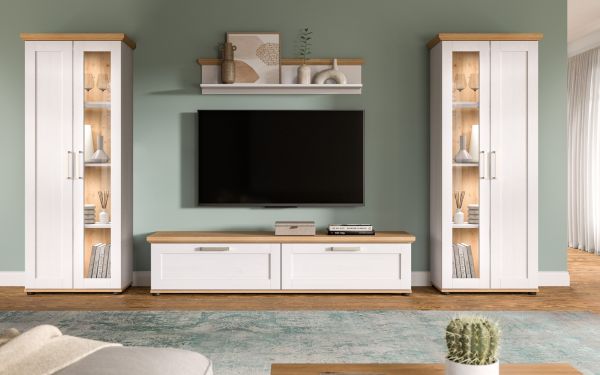 Wohnwand Mirano in wei� L�rche und Eiche Artisan Landhaus Wohnkombination 4-teilig 316 cm