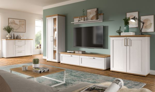 Wohnwand Mirano in wei� L�rche und Eiche Artisan Landhaus Wohnkombination 4-teilig 316 cm