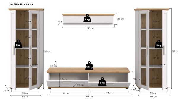 Wohnwand Mirano in wei� L�rche und Eiche Artisan Landhaus Wohnkombination 4-teilig 316 cm