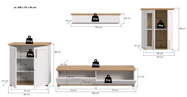 Wohnwand Mirano in wei� L�rche und Eiche Artisan Landhaus Wohnkombination 4-teilig 336 cm