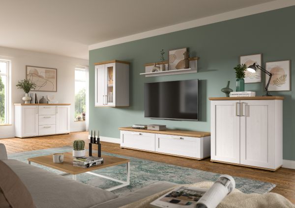 Wohnwand Mirano in wei� L�rche und Eiche Artisan Landhaus Wohnkombination 4-teilig 336 cm