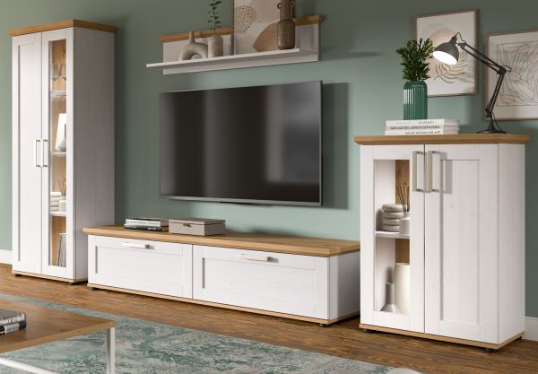 Wohnwand Mirano in wei� L�rche und Eiche Artisan Landhaus Wohnkombination 4-teilig 316 cm