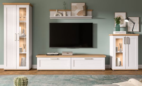 Wohnwand Mirano in wei� L�rche und Eiche Artisan Landhaus Wohnkombination 4-teilig 316 cm