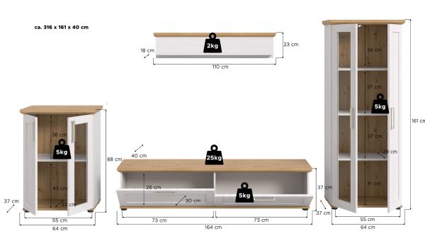 Wohnwand Mirano in wei� L�rche und Eiche Artisan Landhaus Wohnkombination 4-teilig 316 cm