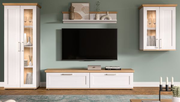 Wohnwand Mirano in wei� L�rche und Eiche Artisan Landhaus Wohnkombination 4-teilig 316 cm