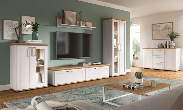 Wohnwand Mirano in wei� L�rche und Eiche Artisan Landhaus Wohnkombination 4-teilig 316 cm