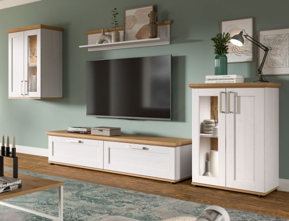 Wohnwand Mirano in wei� L�rche und Eiche Artisan Landhaus Wohnkombination 4-teilig 316 cm