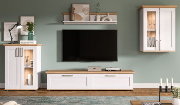 Wohnwand Mirano in wei� L�rche und Eiche Artisan Landhaus Wohnkombination 4-teilig 316 cm