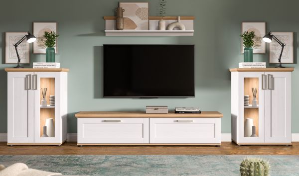 Wohnwand Mirano in wei� L�rche und Eiche Artisan Landhaus Wohnkombination 4-teilig 316 cm