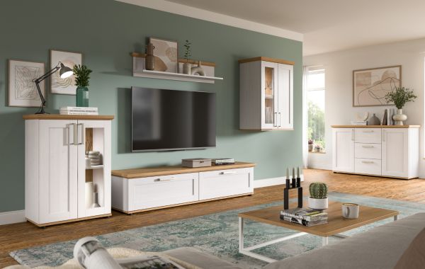 Wohnwand Mirano in wei� L�rche und Eiche Artisan Landhaus Wohnkombination 4-teilig 316 cm