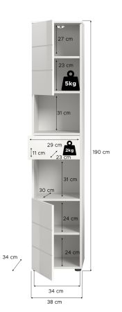 Badezimmer Hochschrank Larik in wei� Hochglanz Badschrank 38 x 190 cm