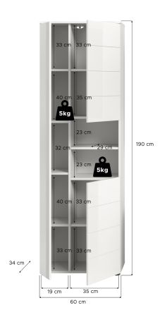 Badezimmer Hochschrank Larik in wei� Hochglanz Badschrank 60 x 190 cm