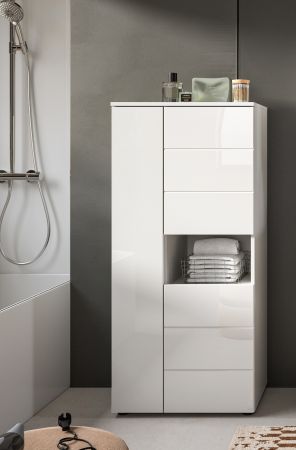 Badezimmer Midischrank Larik in wei� Hochglanz Badschrank 60 x 131 cm