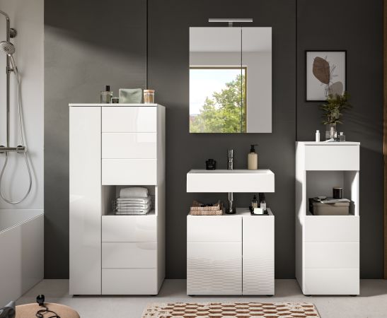 Badezimmer Midischrank Larik in wei� Hochglanz Badschrank 60 x 131 cm