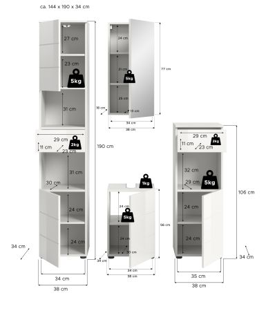 Badm�bel Set 4-teilig Larik in wei� Hochglanz Badkombination 144 x 190 cm