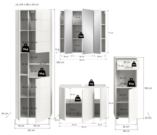 Badm�bel Set 4-teilig Larik in wei� Hochglanz Badkombination 210 x 190 cm