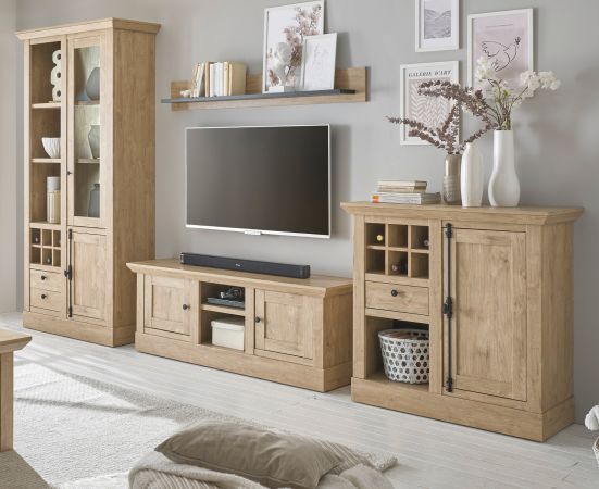 Wohnwand Dorset in Eiche Gold Landhaus Wohnkombination 4-teilig 382 cm, Soft-Close