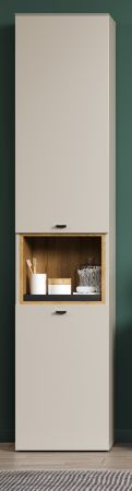 Badezimmer Hochschrank Jardins in Sand / Kaschmir und Eiche, Badschrank 40 x 186 cm mit Soft-Close
