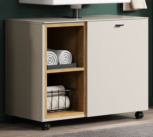 Waschbeckenunterschrank Jardins in Kaschmir / Sand mit Eiche auf Rollen, Breite 80 cm, Soft-Close
