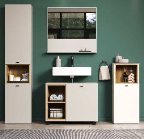 Waschbeckenunterschrank Jardins in Kaschmir / Sand mit Eiche auf Rollen, Breite 80 cm, Soft-Close