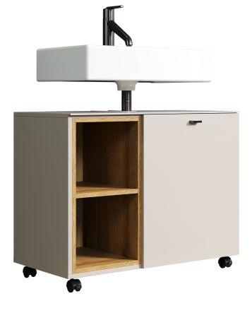 Waschbeckenunterschrank Jardins in Kaschmir / Sand mit Eiche auf Rollen, Breite 80 cm, Soft-Close