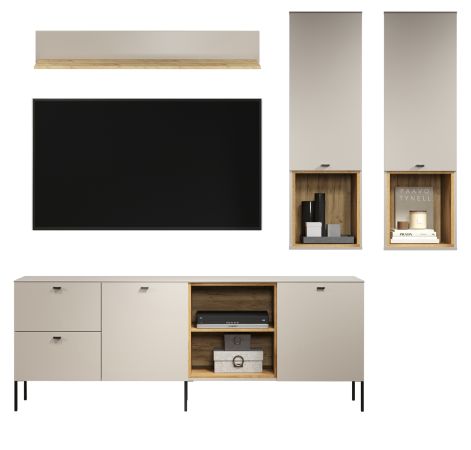 Wohnwand Jardins in Kaschmir Sand und Evoke Eiche, Set 4-teilig 250 x 210 cm mit Soft-Close