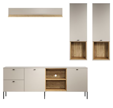 Wohnwand Jardins in Kaschmir Sand und Evoke Eiche, Set 4-teilig 250 x 210 cm mit Soft-Close