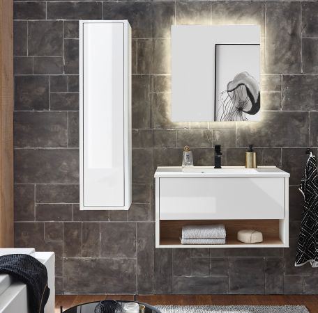 Badezimmer Hochschrank Glide in wei� Hochglanz, H�ngeschrank 30 x 119 cm mit Push-Open
