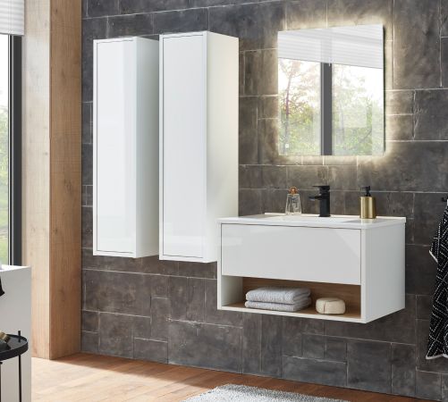 Badezimmer Hochschrank Glide in wei� Hochglanz, H�ngeschrank 30 x 119 cm mit Push-Open