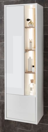 Bad Hochschrank Glide in wei� Hochglanz mit Eiche, H�ngeschrank inkl. Beleuchtung 45 x 150 cm