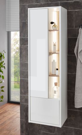 Bad Hochschrank Glide in wei� Hochglanz mit Eiche, H�ngeschrank inkl. Beleuchtung 45 x 150 cm