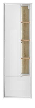 Bad Hochschrank Glide in wei� Hochglanz mit Eiche, H�ngeschrank inkl. Beleuchtung 45 x 150 cm