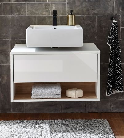 Waschbeckenunterschrank Glide in wei� Hochglanz und Eiche 80 cm