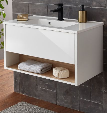 Waschbeckenunterschrank MIT Waschbecken Glide in wei� Hochglanz und Eiche 80 cm